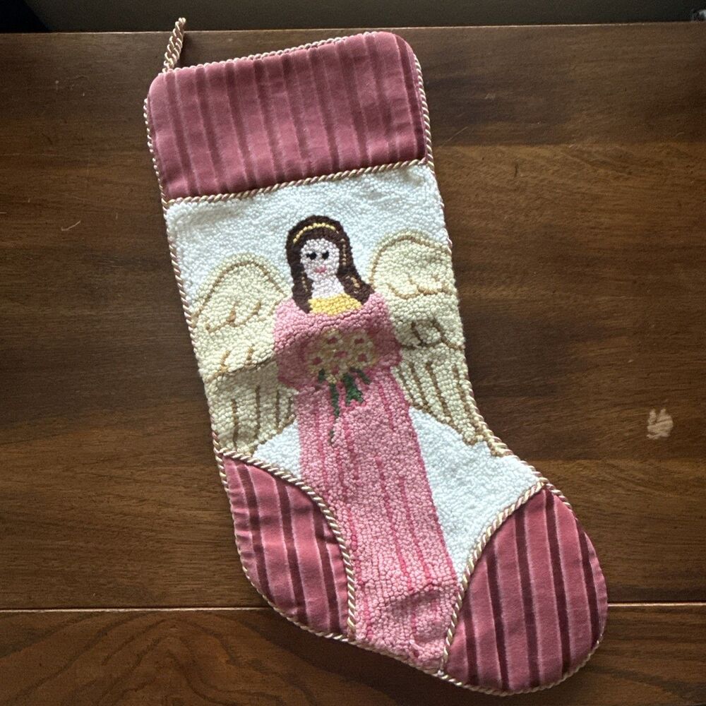 Needlepoint Christmas Stocking Angel Wool Velvet Back Dusty Rose 18”